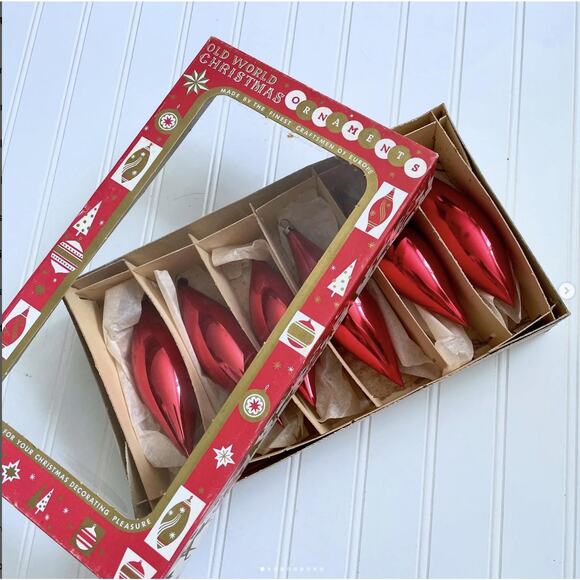 ONE BOX Vintage Old World Christmas Ornaments Teardrop Icicle Glass Red Set x6 - Picture 1 of 10